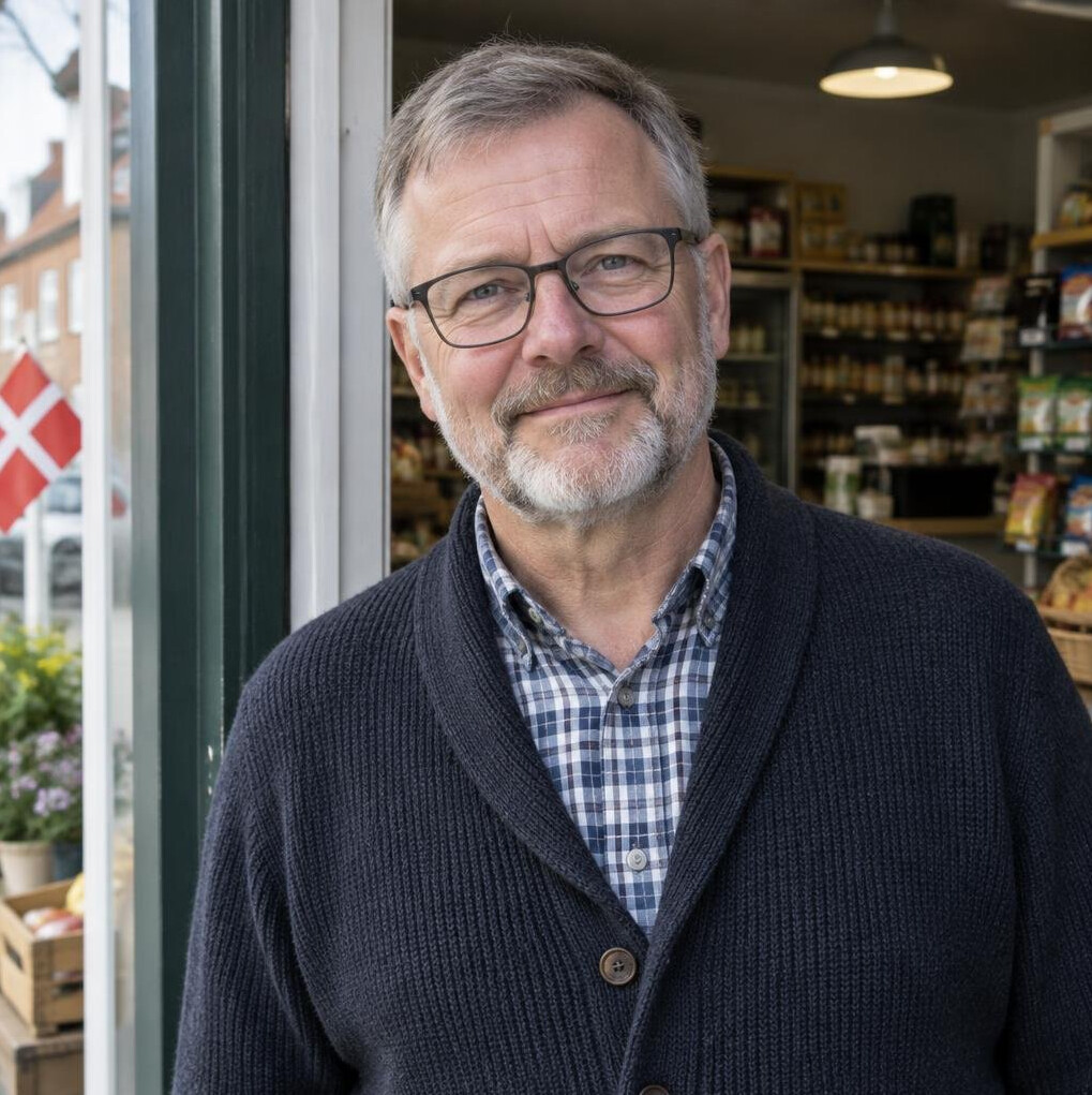 Portræt af en dansk butiksejer i butiksdøren