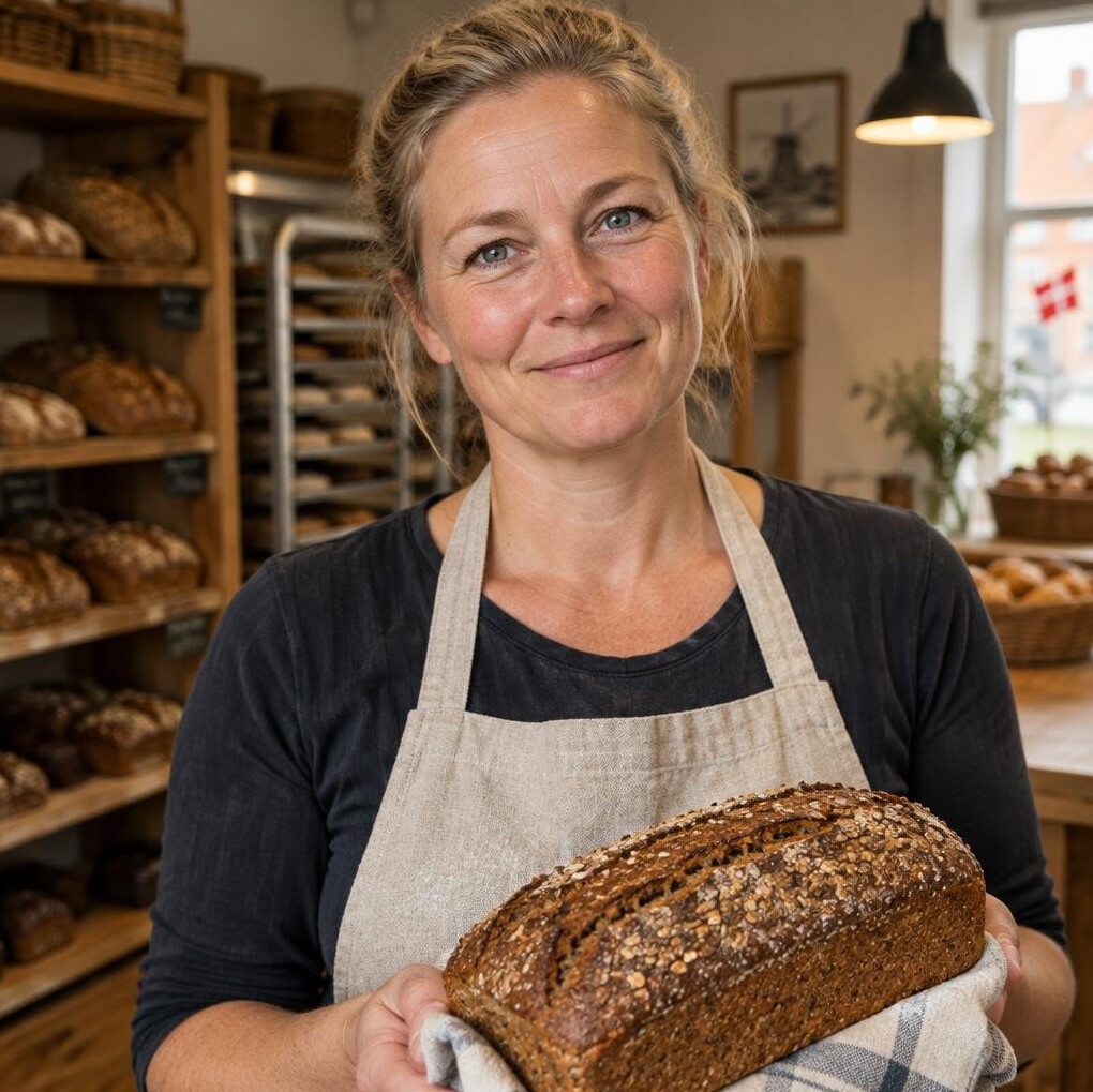 Portræt af en dansk bagerkvinde med et brød