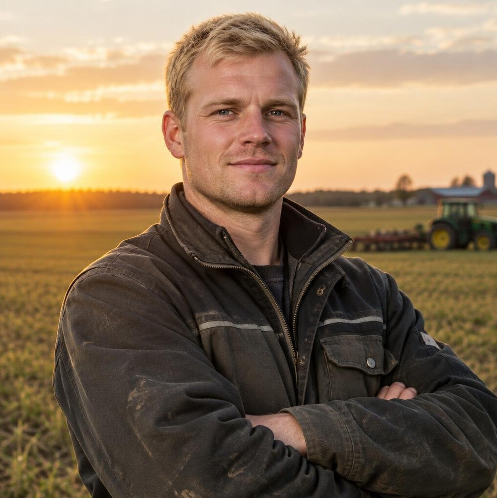 Portræt af en ung dansk landmand på sin gård