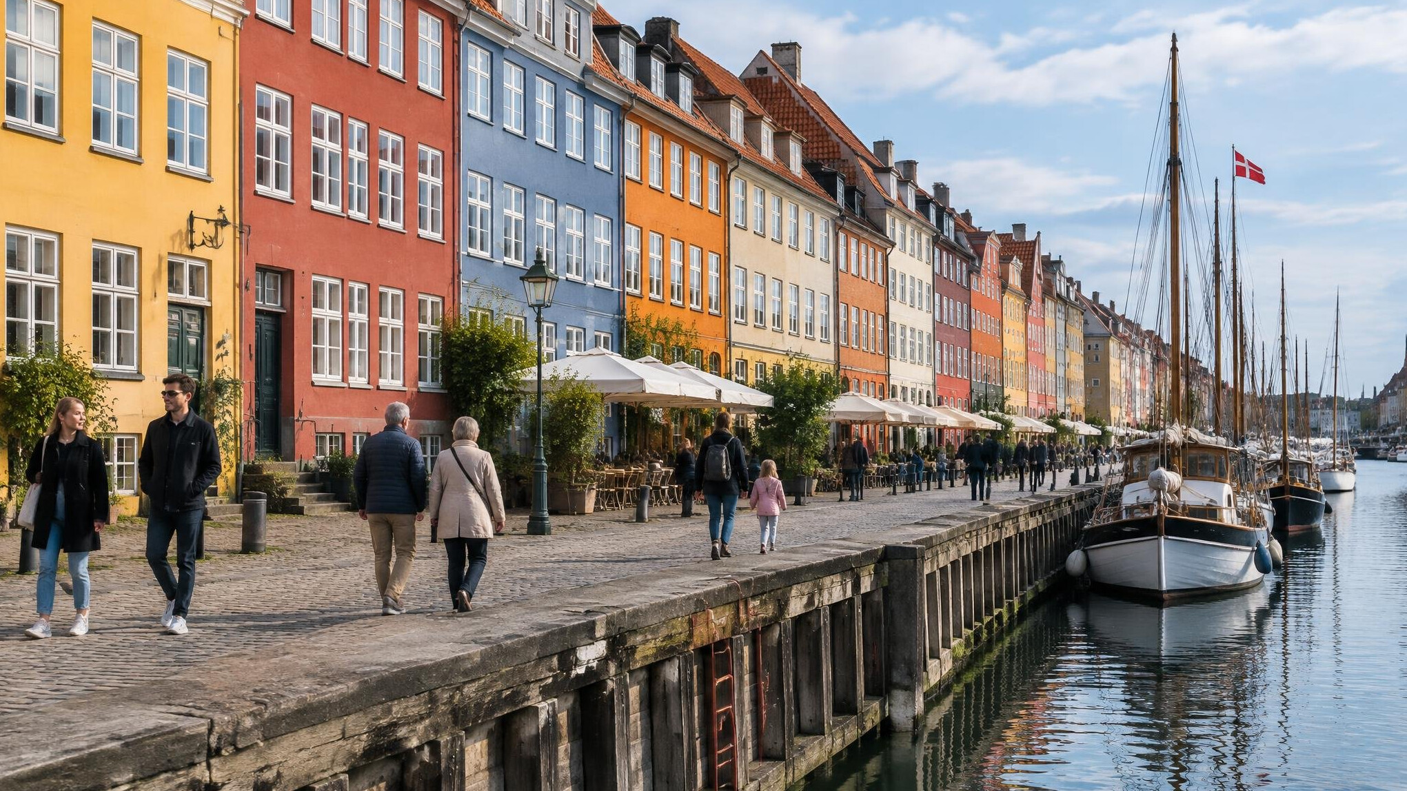 Farverige huse langs en dansk havnegade med mennesker på gaden